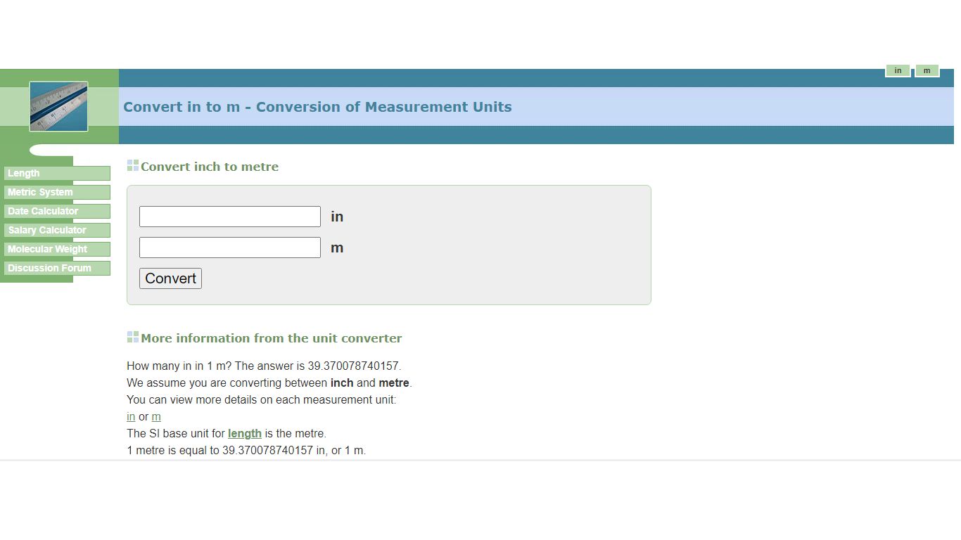 Convert in to m - Conversion of Measurement Units