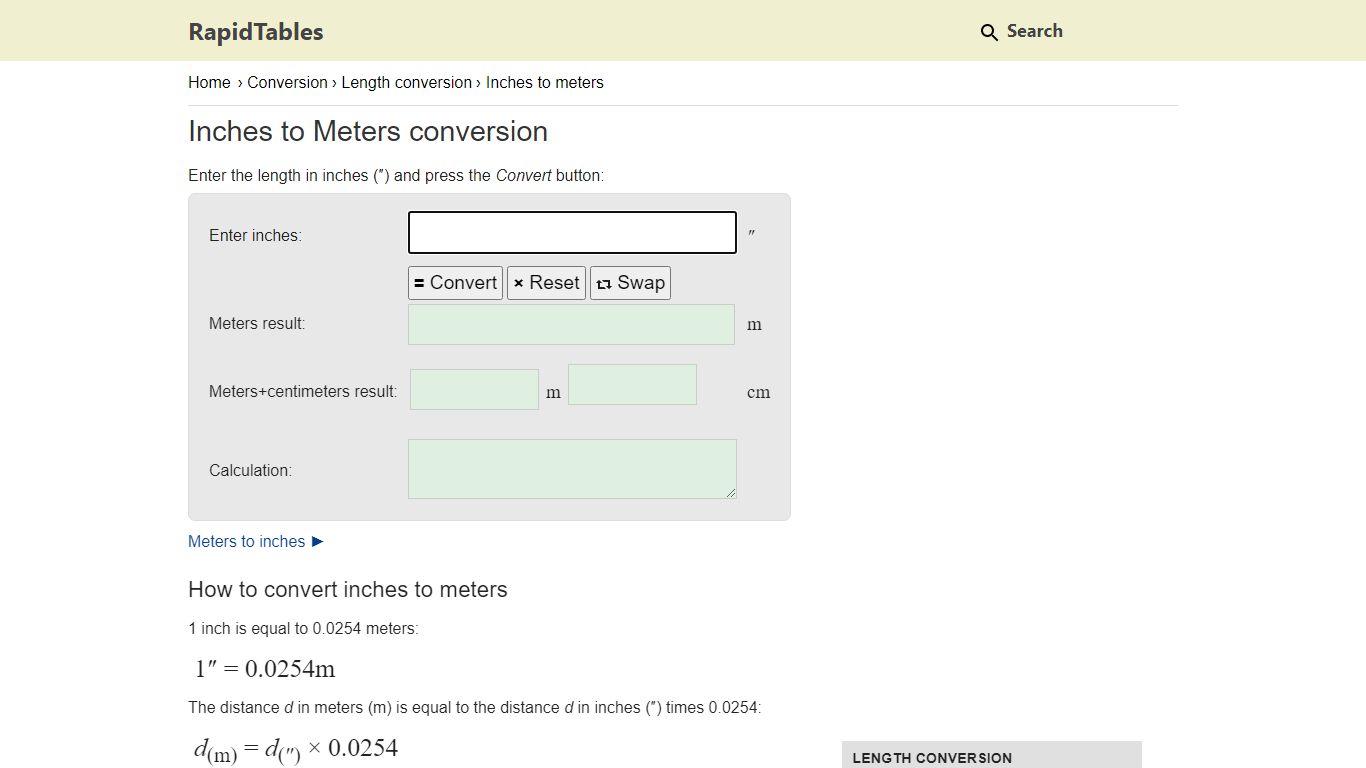 Inches to Meters (in to m) conversion calculator - RapidTables.com