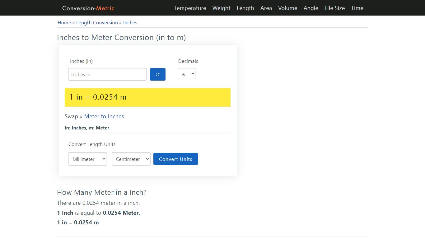 Inches to Meter Conversion (in to m) - Conversion-metric.org