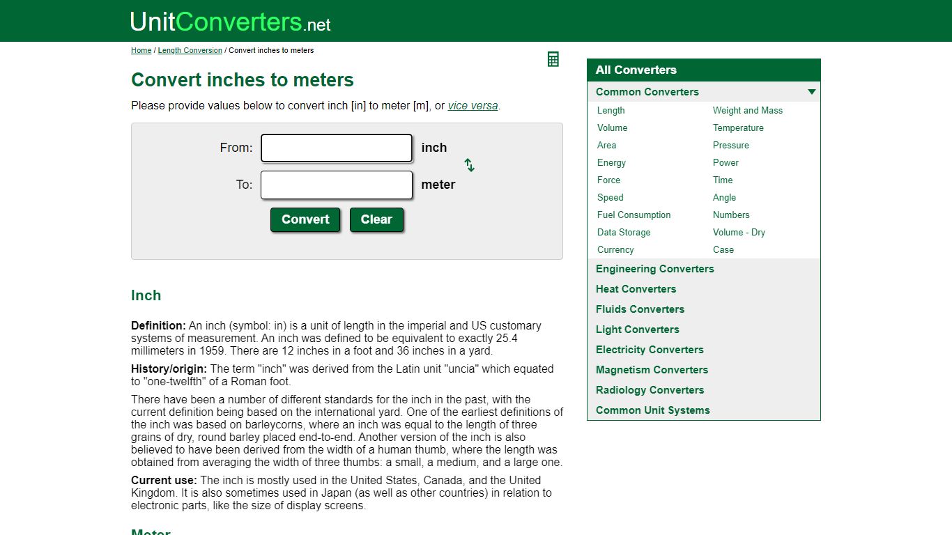 Convert inches to meters