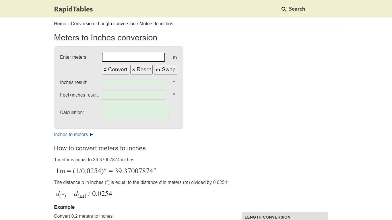 Meters to Inches (m to in) conversion calculator - RapidTables.com